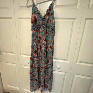 Blue/Teal Floral Casual, Boho, Tiered Maxi Sundress, Spaghetti Strap Size L